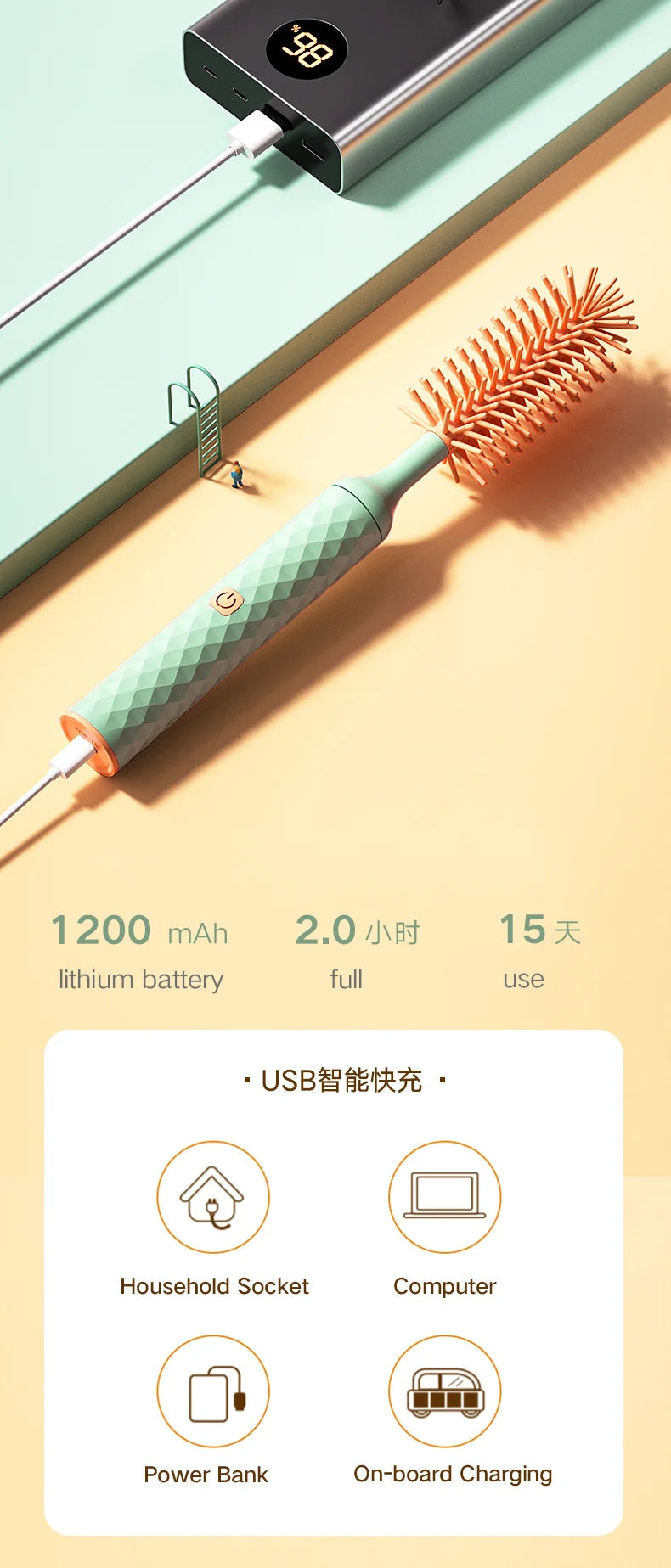 Cepillo eléctrico para biberones de silicona con rotación de 360 grados.