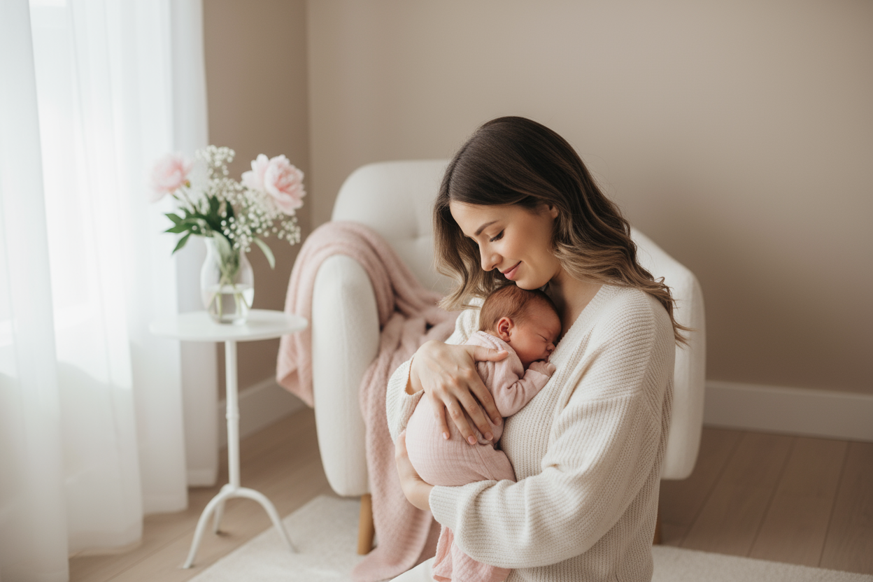 Uma imagem suave e aconchegante, com tons pastéis (rosa claro, bege e branco). No centro, uma mãe segurando seu bebê recém-nascido junto ao peito, ambos iluminados por uma luz natural que entra pela janela. A mãe está sorrindo de forma tranquila, transmitindo segurança e carinho. Ao fundo, vê-se um ambiente minimalista e acolhedor, com detalhes como uma manta dobrada, um pequeno vaso com flores e uma poltrona de amamentação.

A cena transmite calma, cuidado, confiança e conexão, reforçando a mensagem de que